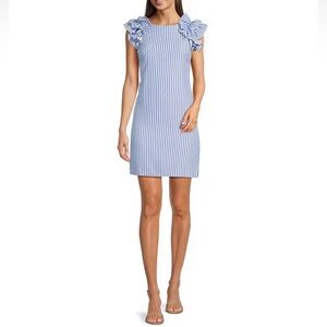 Jessica Howard Women's Ruffled Sleeveless Crewneck Sheath Dress Seersucker 14